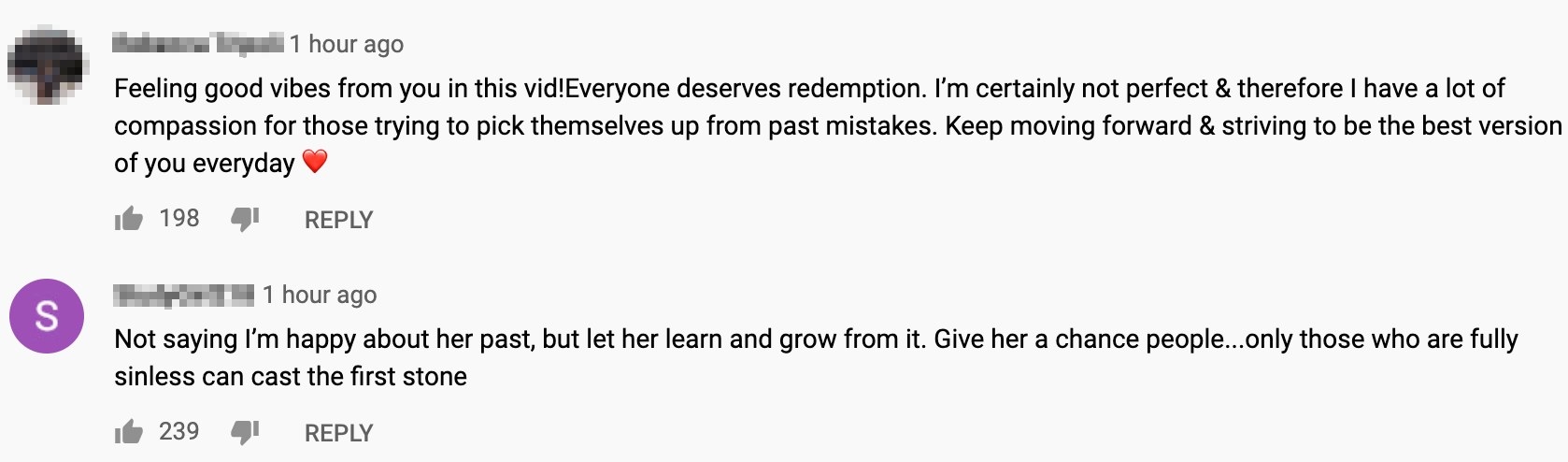 Comments saying everyone deserves redemption and the ability to learn from their mistakes