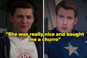 Tom Holland as Peter Parker in the movie "Captain America: Civil War" and Chris Evans as Steve Rogers in the movie "The Avengers."