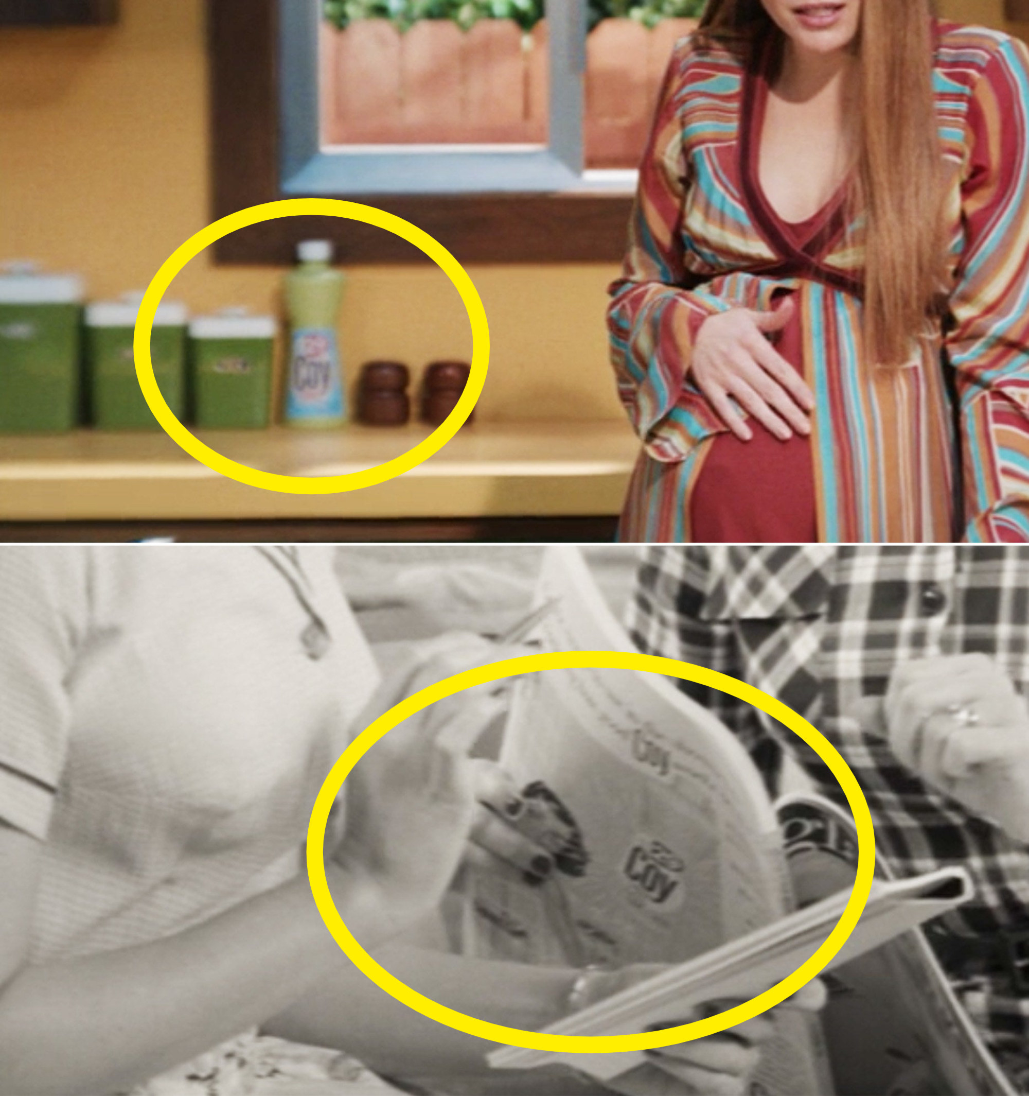 The Coy soap on the counter behind Wanda vs. the Coy soap ad in Episode 1
