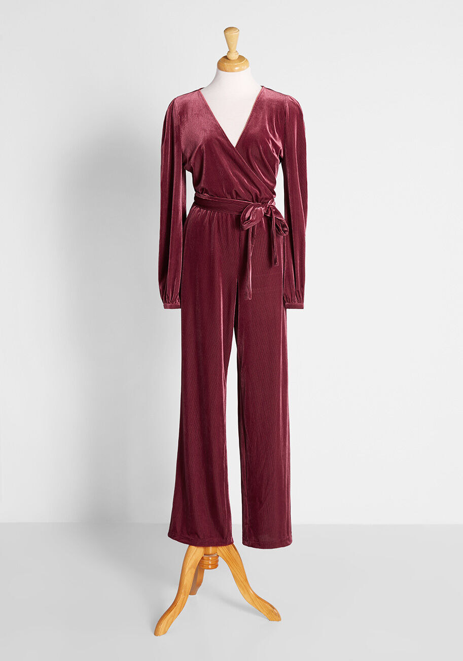 the sleeved V-neck velvet jumpsuit