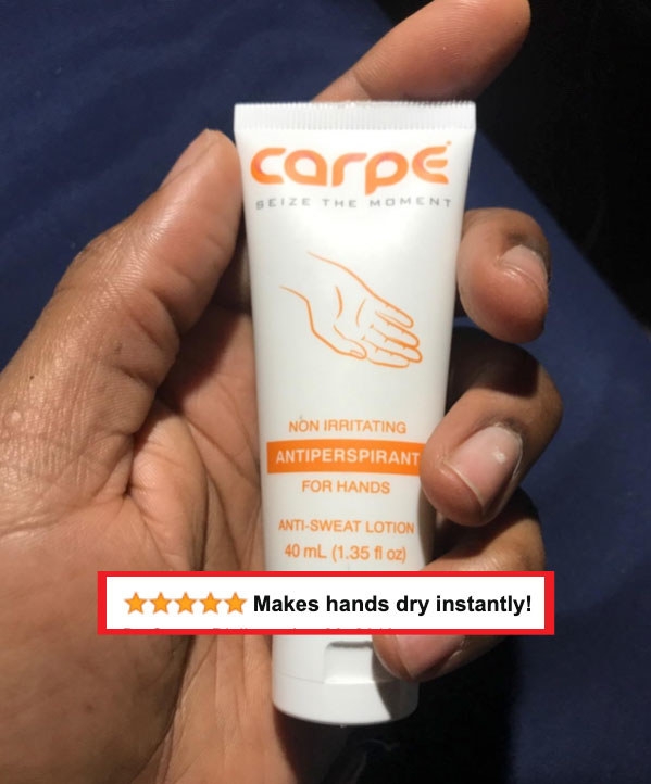 person holding bottle of carpe lotion, with a review that says &quot;makes hands dry instantly&quot;