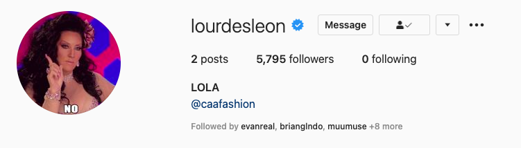 Lourdes&#x27; bio picture is an image of RuPaul&#x27;s Drag Race judge Michele Visage saying &quot;No&quot;