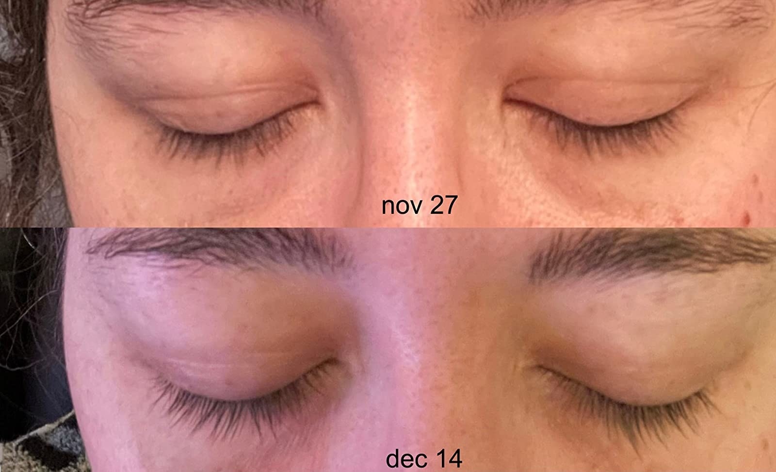 reviewer showing before and after of short lashes on Nov 27 and slightly longer lashes on Dec 14