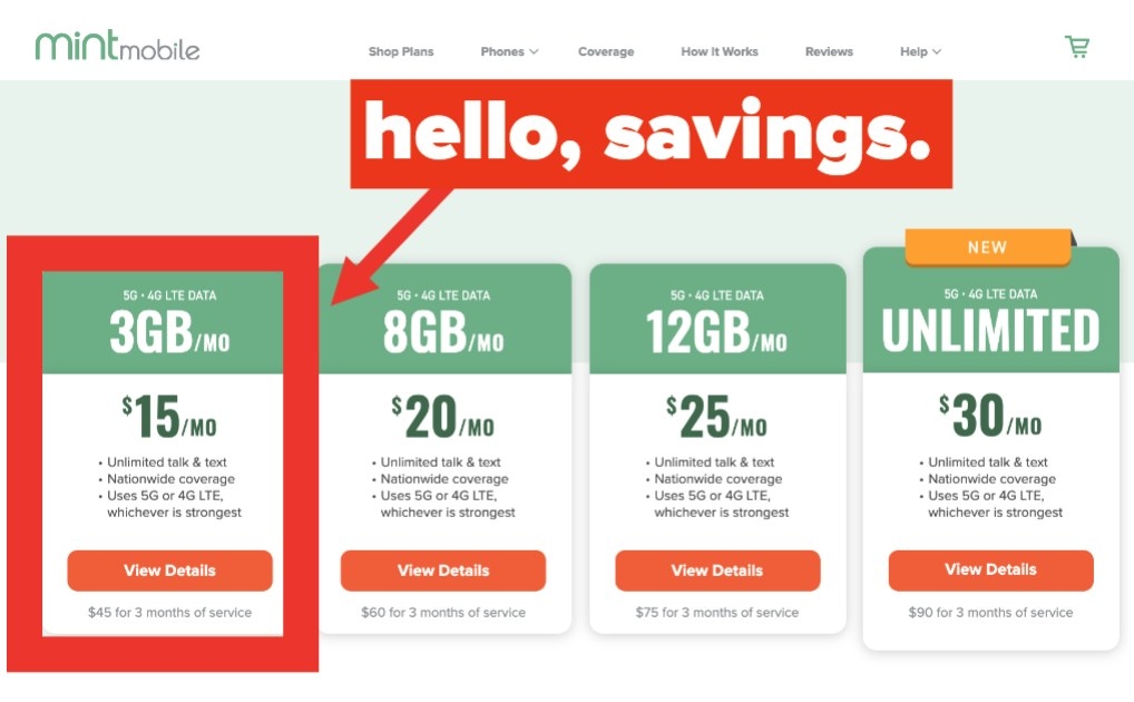 Comparison of Mint phone plans ranging from $15 to $30 per month