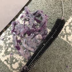 a pile of dust and debris with the brush sitting beside it that a reviewer was able to pull out of their dryer vent