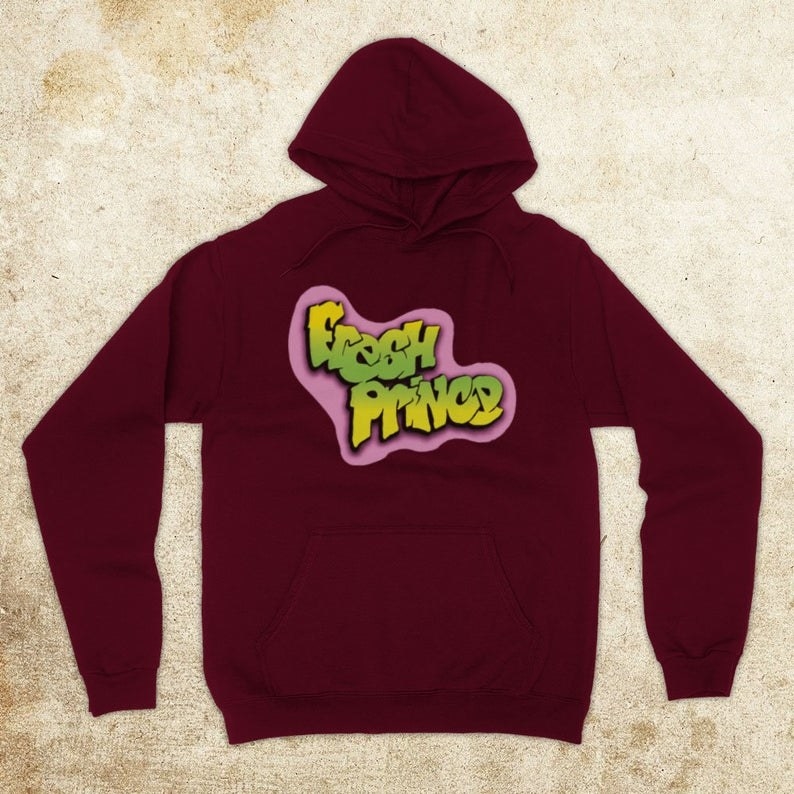 the hoodie in burgundy featuring the green and pink Fresh Prince logo 
