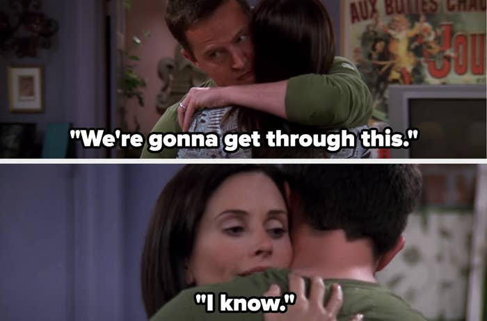 On &quot;Friends&quot;, Chandler and Monica emotionally embrace after receiving news of infertility.