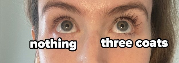 A selfie with no mascara on right eye and three coats of my mascara on my left eye, making my lashes look so long they reach my brow bone