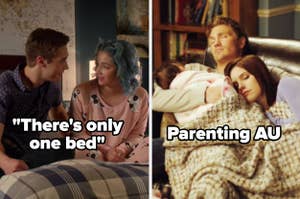 Miles and Lola from "Degrassi" labeled "there's only one bed" alongside Brooke and Lucas and Angie from "One Tree Hill" labeled "parenting AU"