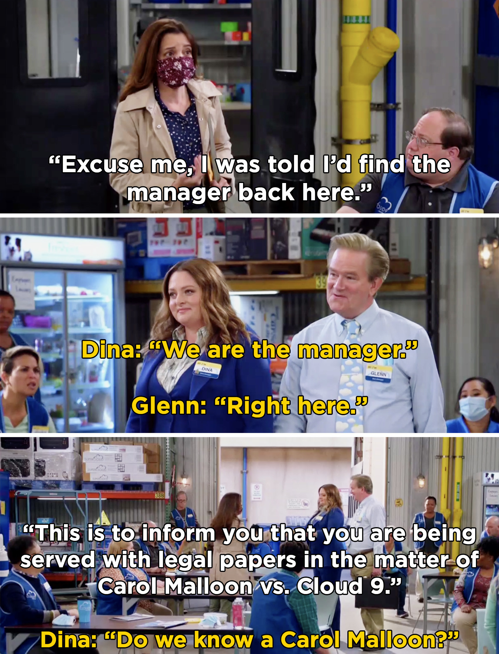 Dina saying that she and Glenn are the manager and then the two of them being served with legal papers from Carol. Then, Dina says, &quot;Do we know a Carol Malloon?&quot;