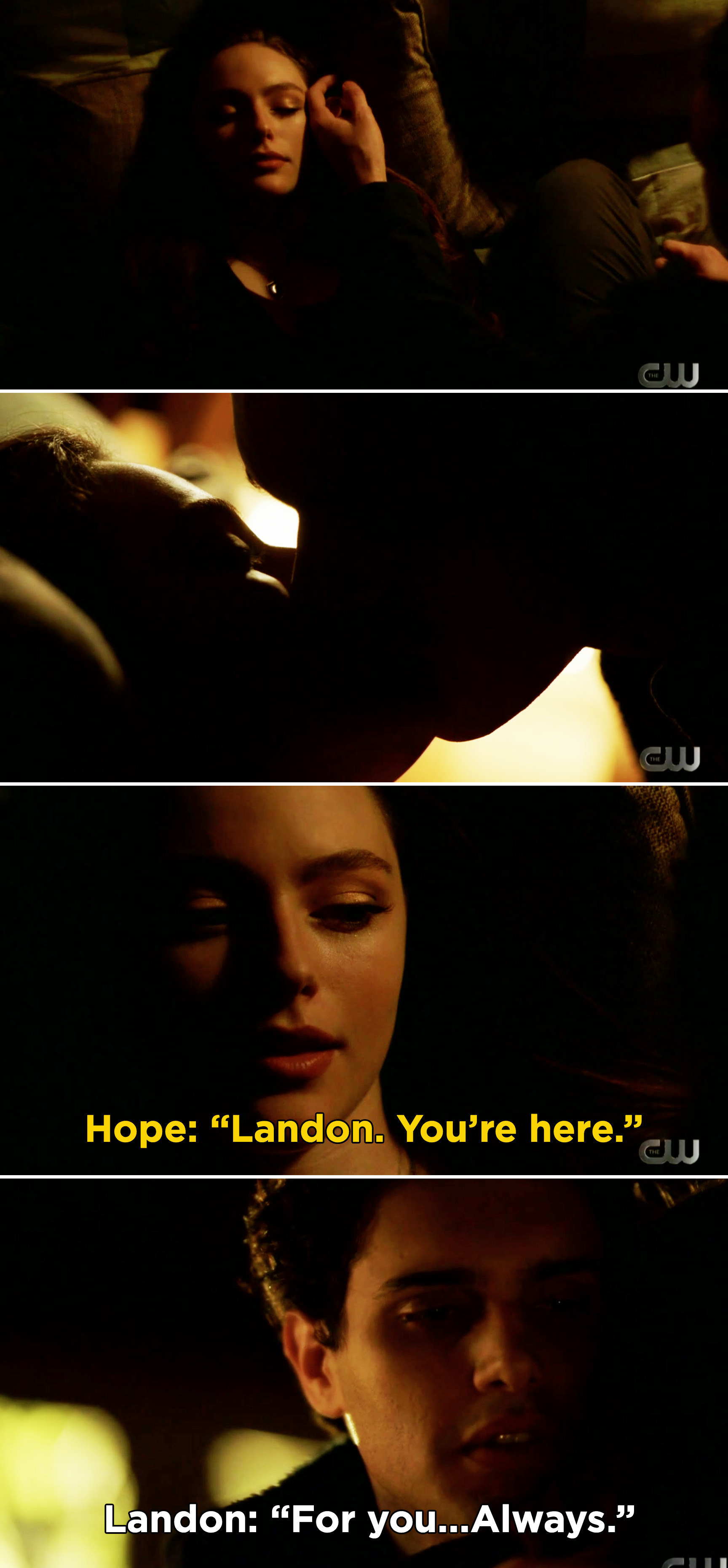 Landon kissing Hope and Hope waking up and saying, &quot;Landon. You&#x27;re here&quot; and Landon saying, &quot;For you...Always&quot;