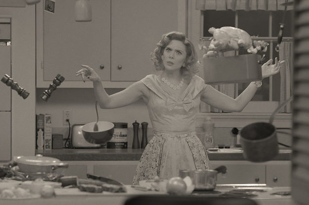 a woman in the 1950s is in her kitchen, food floating around her head