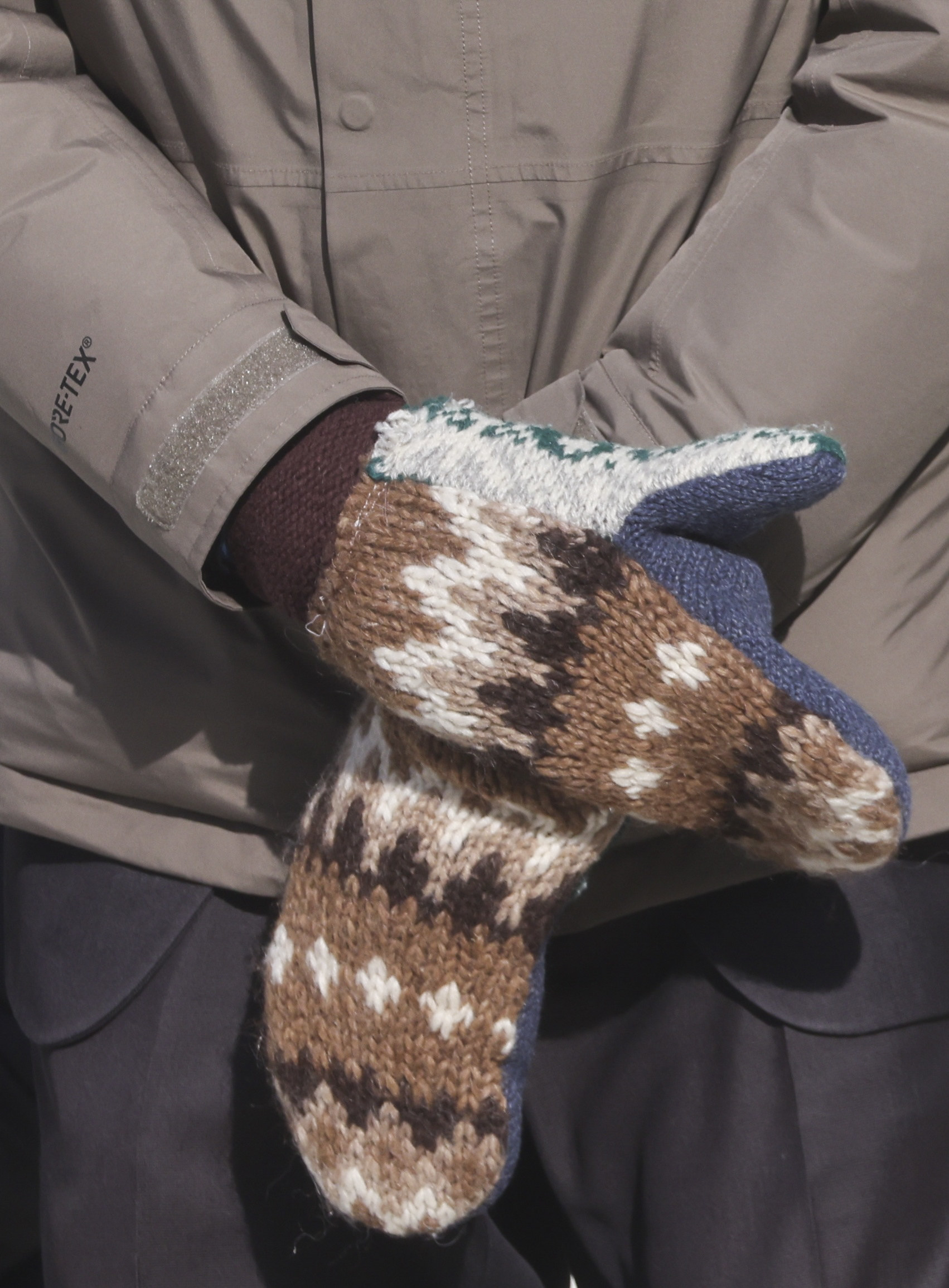 Closeup of the thick, patterned mittens