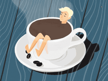 An animated GIF of a small character bathing in a cup of coffee.