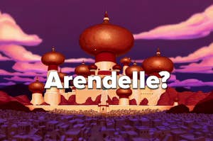 A view of the kingdom from Disney's "Aladdin" with the text "Arendelle?" over it