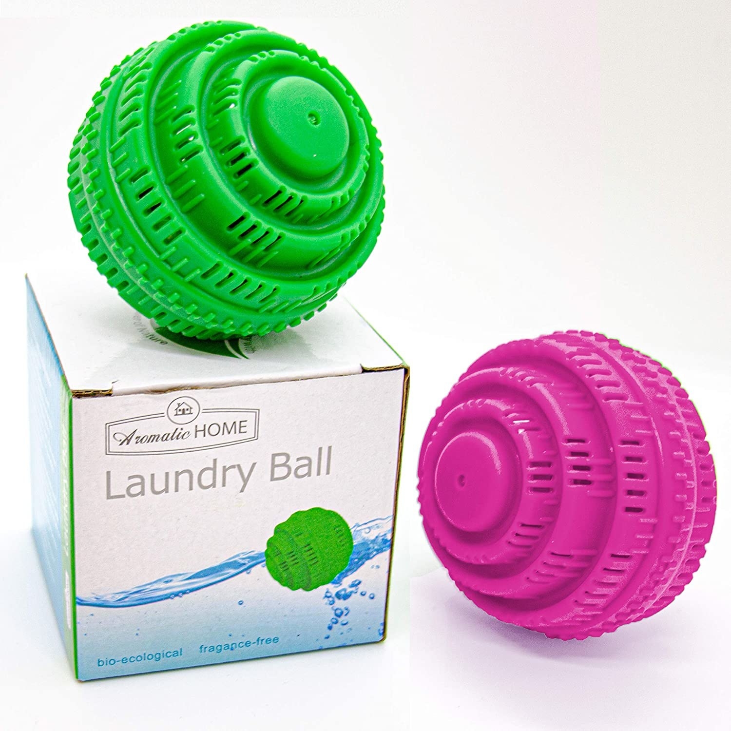 a bright green and bright pink laundry ball