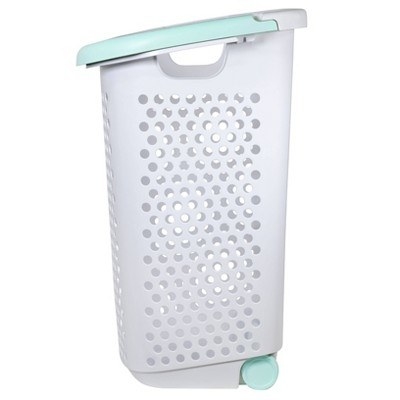 a tall, white plastic hamper with blue wheels and a lid