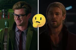 Chris Hemsworth is on the left posed as a nerd and a superhero on the right with a think face emoji in the center