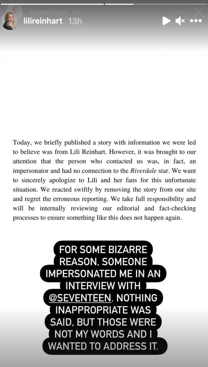 Lili confirms in an Instagram story that someone impersonated her in an interview