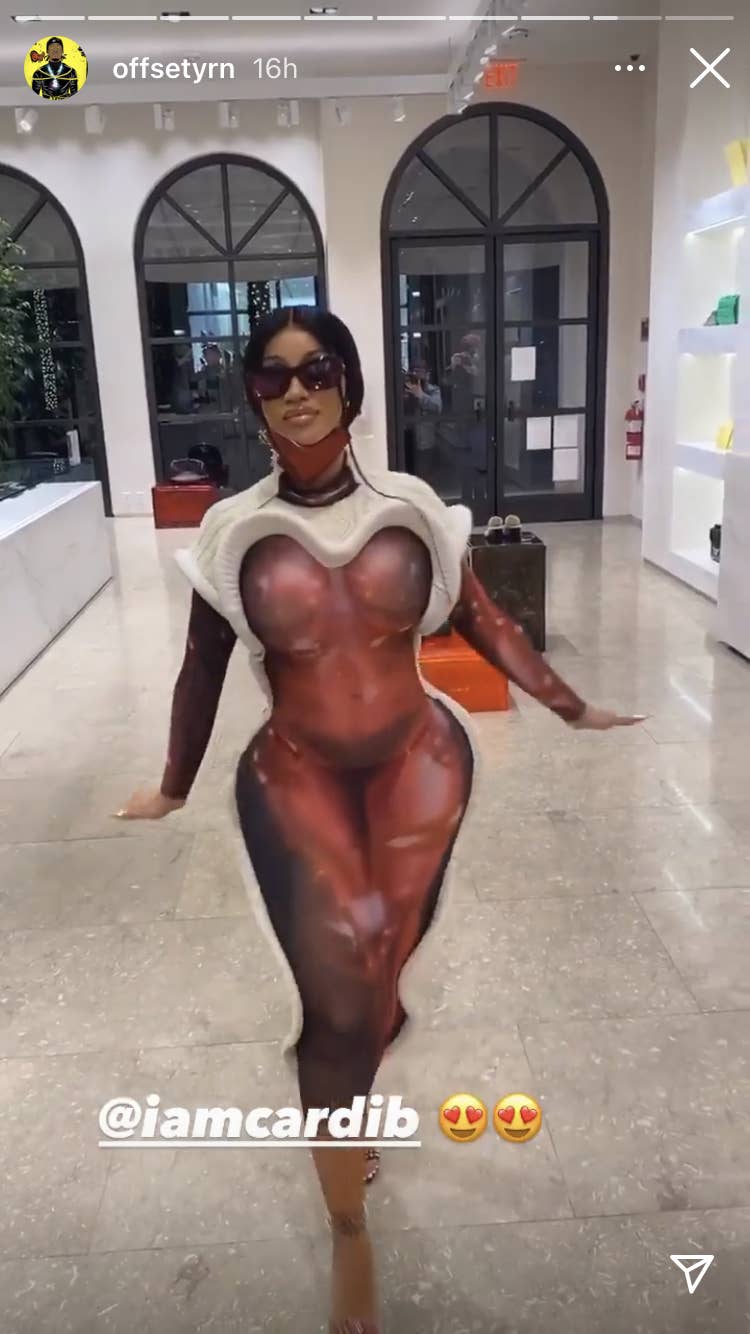 cardi b sheer dress Cardi B wore a fully sheer outfit and put her baby bump on display while celebrating the release of her album Am I The Drama? on Thursday night in New York City