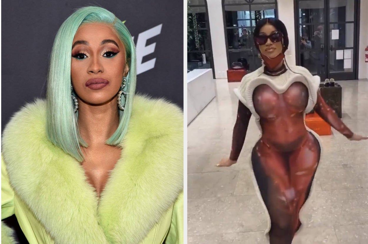 Cardi B on the red carpet next to an image of her sheer dress