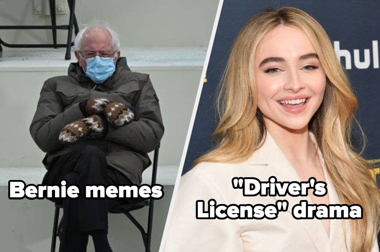 Bernie sitting in a chair at Inauguration in the meme and Sabrina Carpenter on the red carpet with the caption "Driver's license drama"