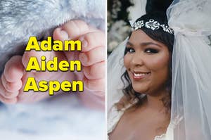 Baby feet are on the left labeled, "Adam, Aiden, Aspen" with Lizzo on the right in a wedding dress
