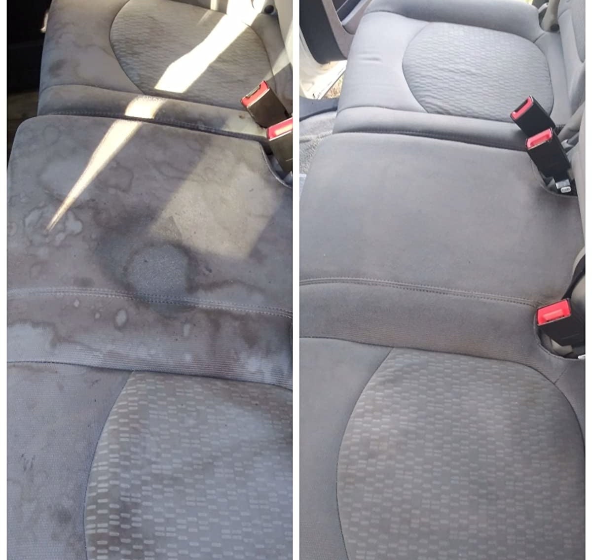 reviewer photo showing their car seat badly stained and then looking almost completely new after using the stain removing spray 
