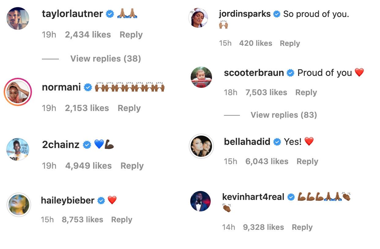 A number of celebrities, including Bella Hadid and Kevin Hart, congratulating Bieber.
