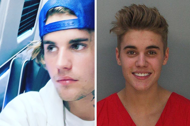 Justin Bieber posing in a selfie next to his 2014 mugshot