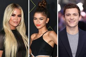 Khlow Kardashian is on the left with Zendaya posing in the center and Tom Holland on the right
