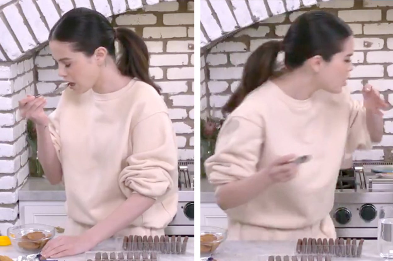 Left: Selena trying Vegemite off a spoon; Right: Selena immediately turning away with a disgusted expression on her face