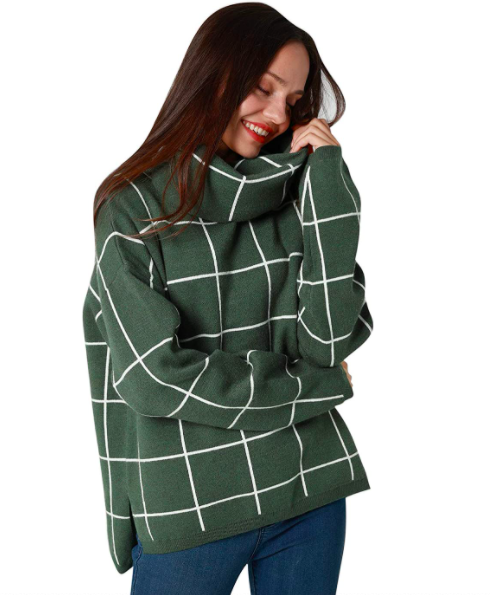 A model wearing the sweater in green and white
