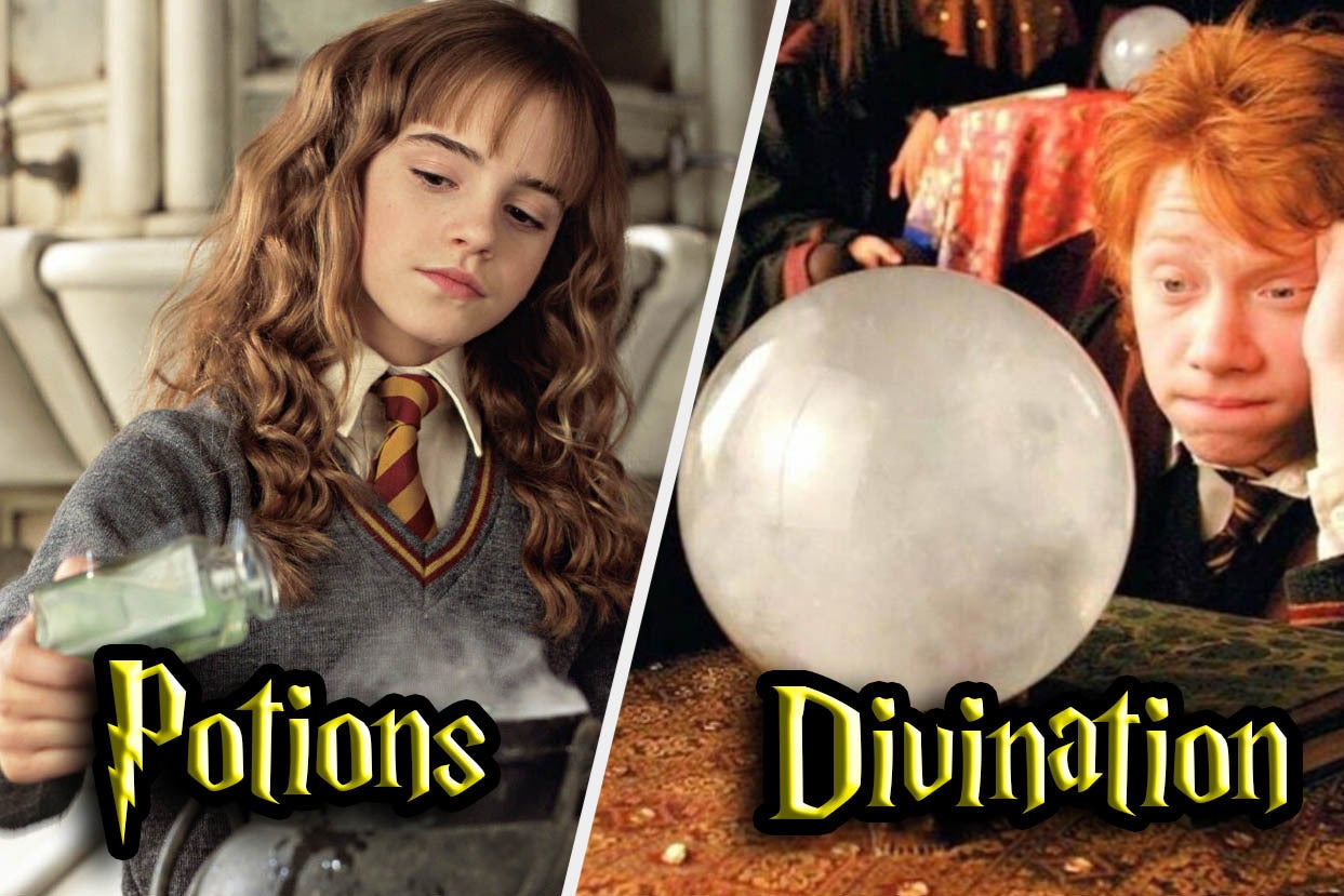 Hermione concocting a potion next to Ron looking into a crystal ball