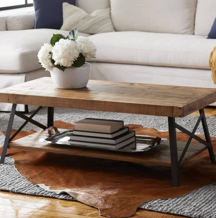 The coffee table with storage in natural pine brown