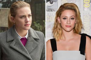 Lili Reinhart squinting suspiciously at another image of Lili on the red carpet