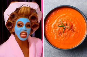 On the left, RuPaul wearing a clay face mask, a robe, and rollers in their hair, and on the right, a bowl of tomato soup