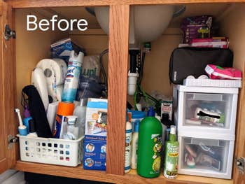A reviewer's before photo of their disorganized cabinets