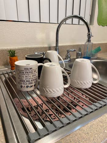 A reviewer's photo of the stainless steel rack holding five mugs
