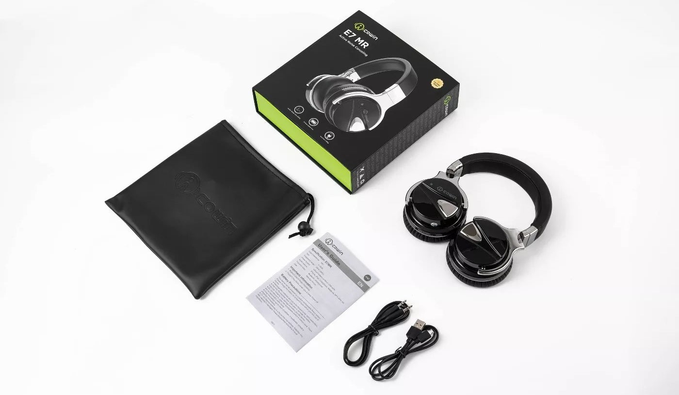 The Cowin E7 MR headphones with the carrying pouch and charging cords