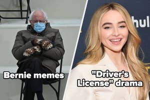 Bernie sitting in a chair at Inauguration in the meme and Sabrina Carpenter on the red carpet with the caption "Driver's license drama"