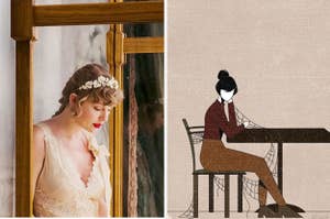 Taylor Swift next to an illustration of a sad woman waiting for her lover at a table