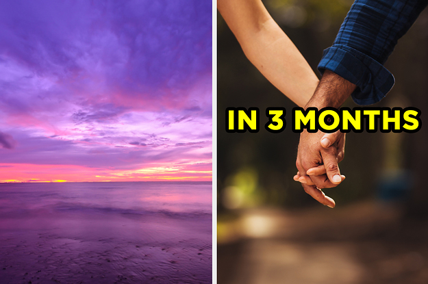 On the left, a sunset on the beach, and on the right, a couple holding hands labeled