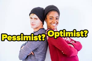 A pessimist and an optimist/unsmiling man and smiling woman