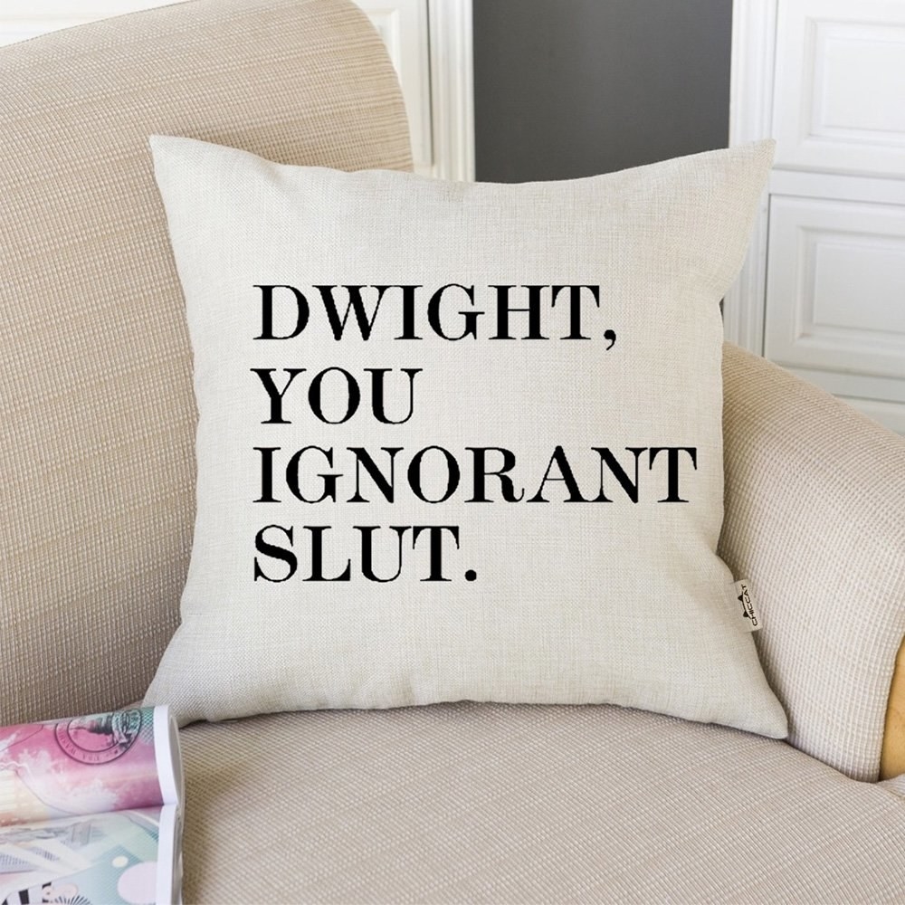 A white cushion that reads, &quot;Dwight, you ignorant slut.&quot;