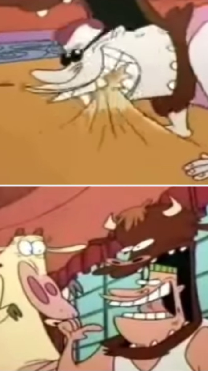 Butch-looking women wearing buffalo masks chewing the carpet in Cow and Chicken&#x27;s living room
