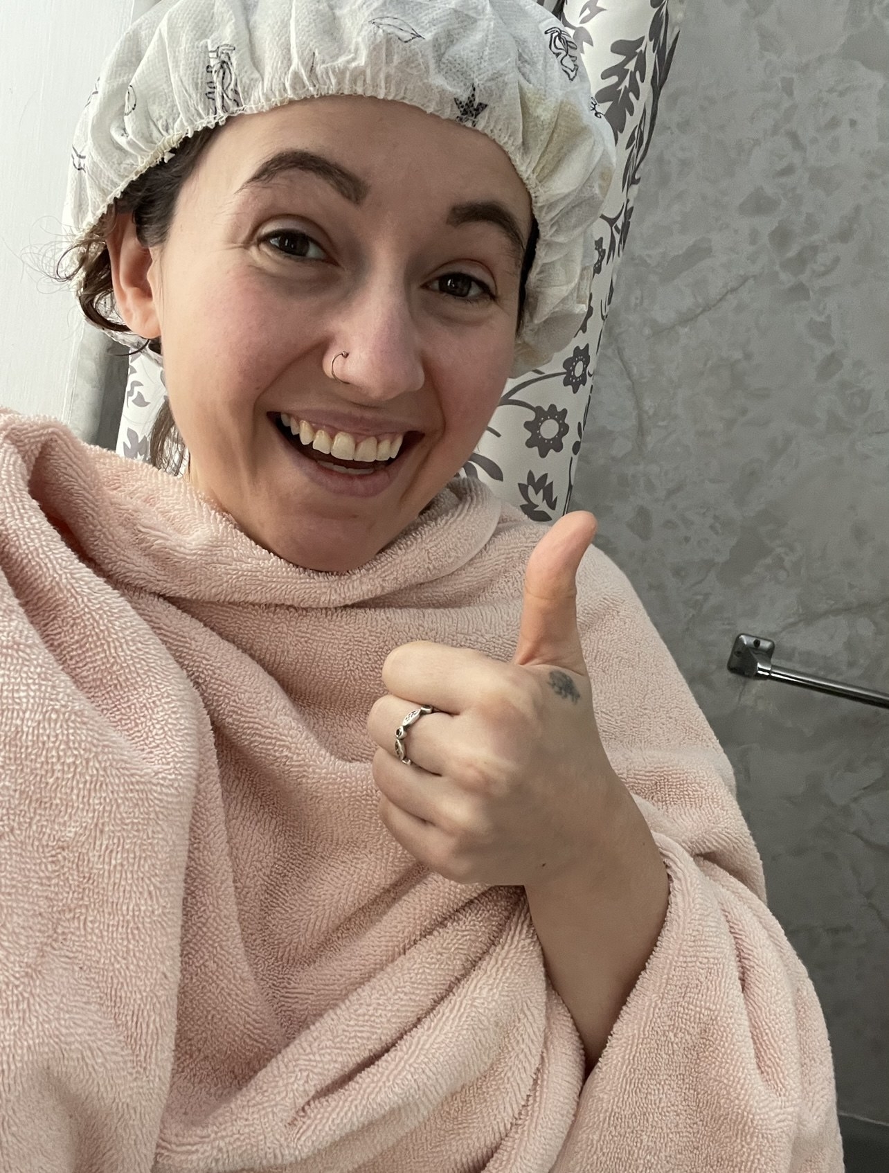 The author giving a thumbs-up, post shower