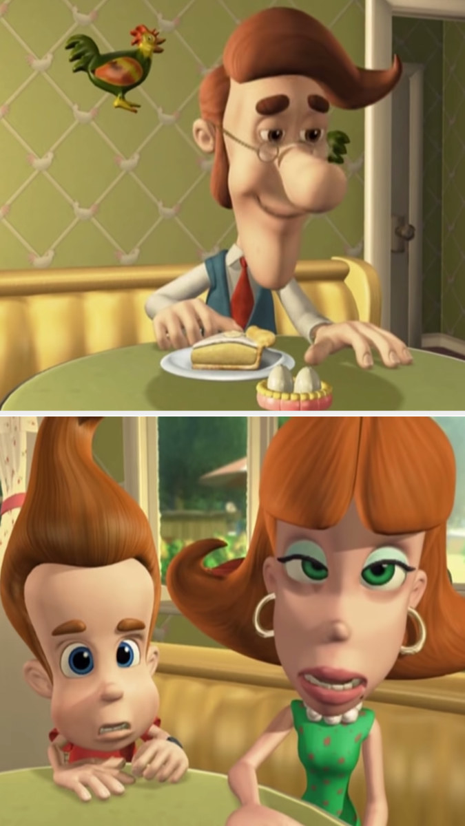 First image: Hugh sitting at the kitchen table staring wistfully as he talks. Second image: Jimmy and his mom on the other end of the table, with their jaws dropped and cringing