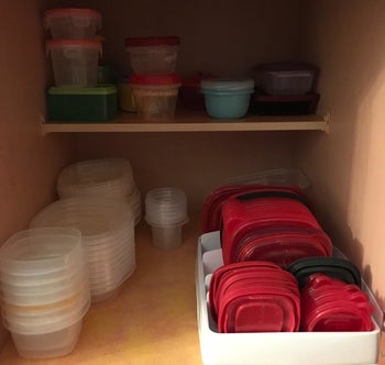 A reviewer's photo of the lid organizer in their cabinet