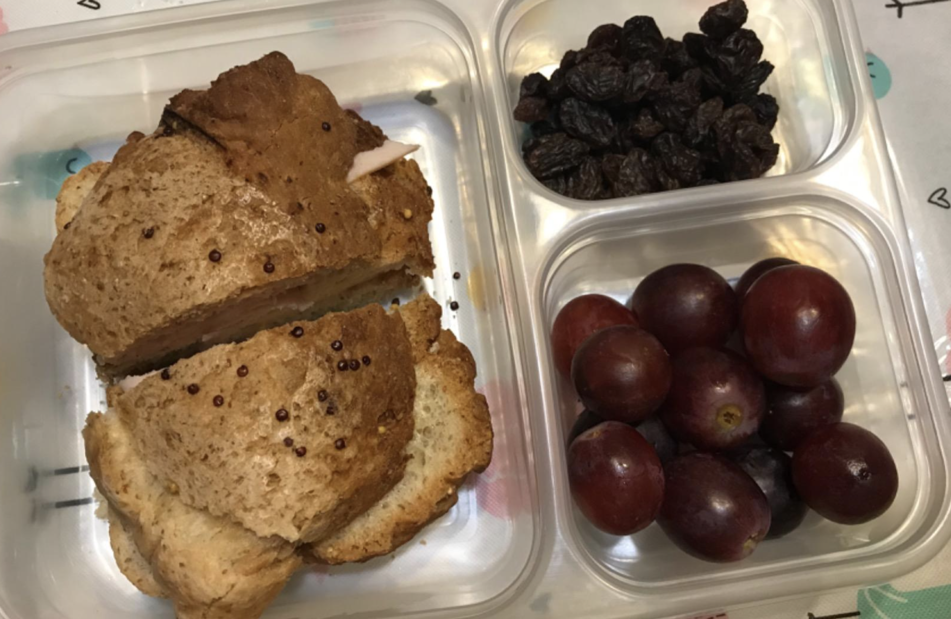 a reviewer photo of a sandwich in the big compartment, and grapes and raisins in the smaller compartments